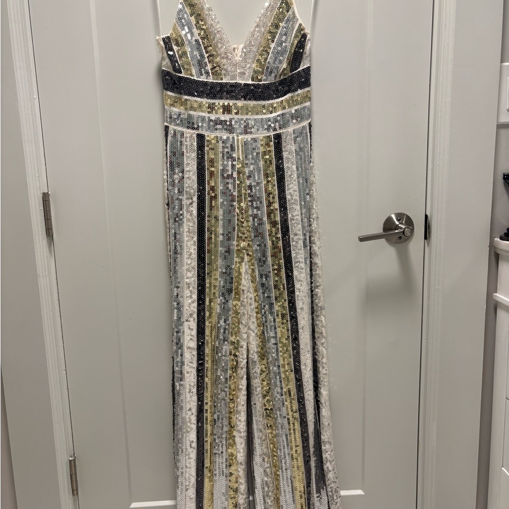 Express Multicolor Striped Sequin Jumpsuit